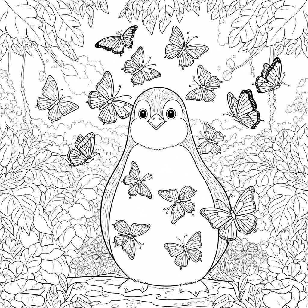 Penguin and Butterflies Coloring Page