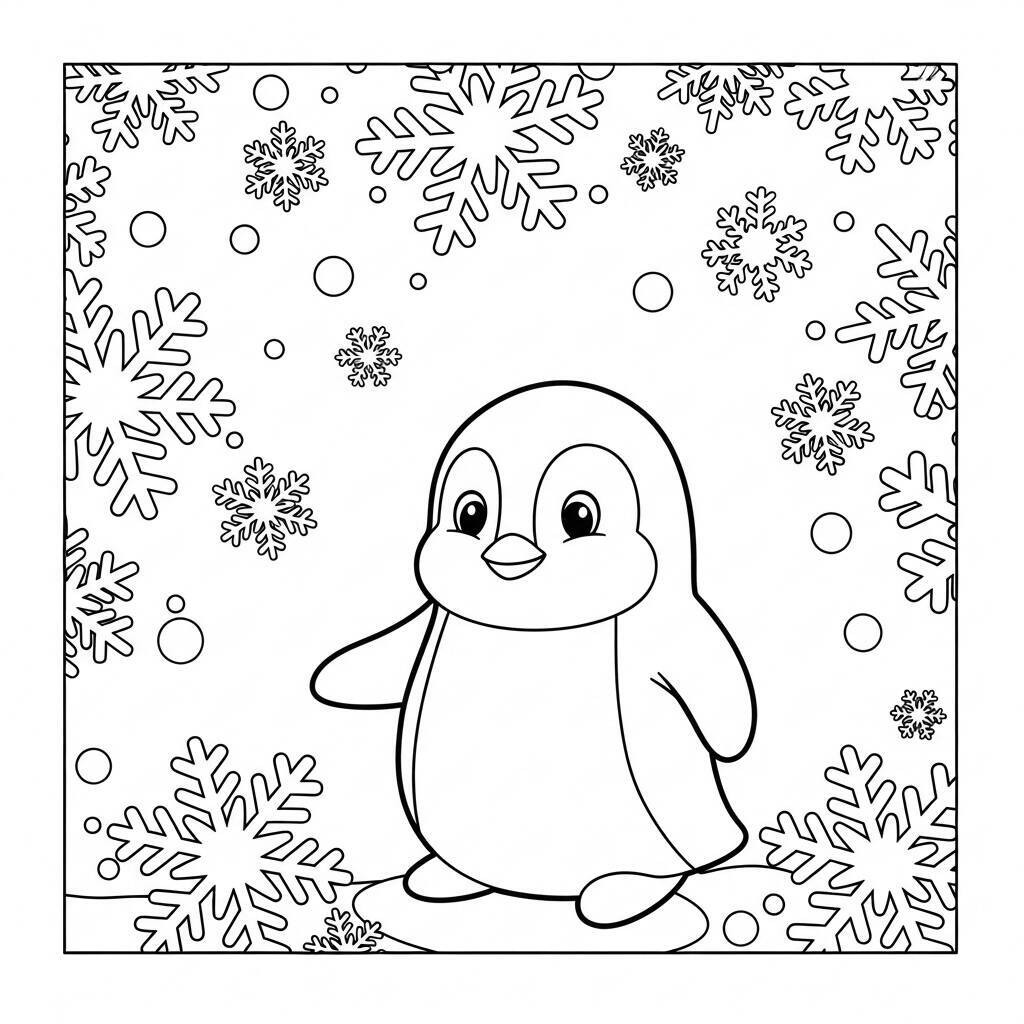 Penguin and Snowflakes Coloring Page