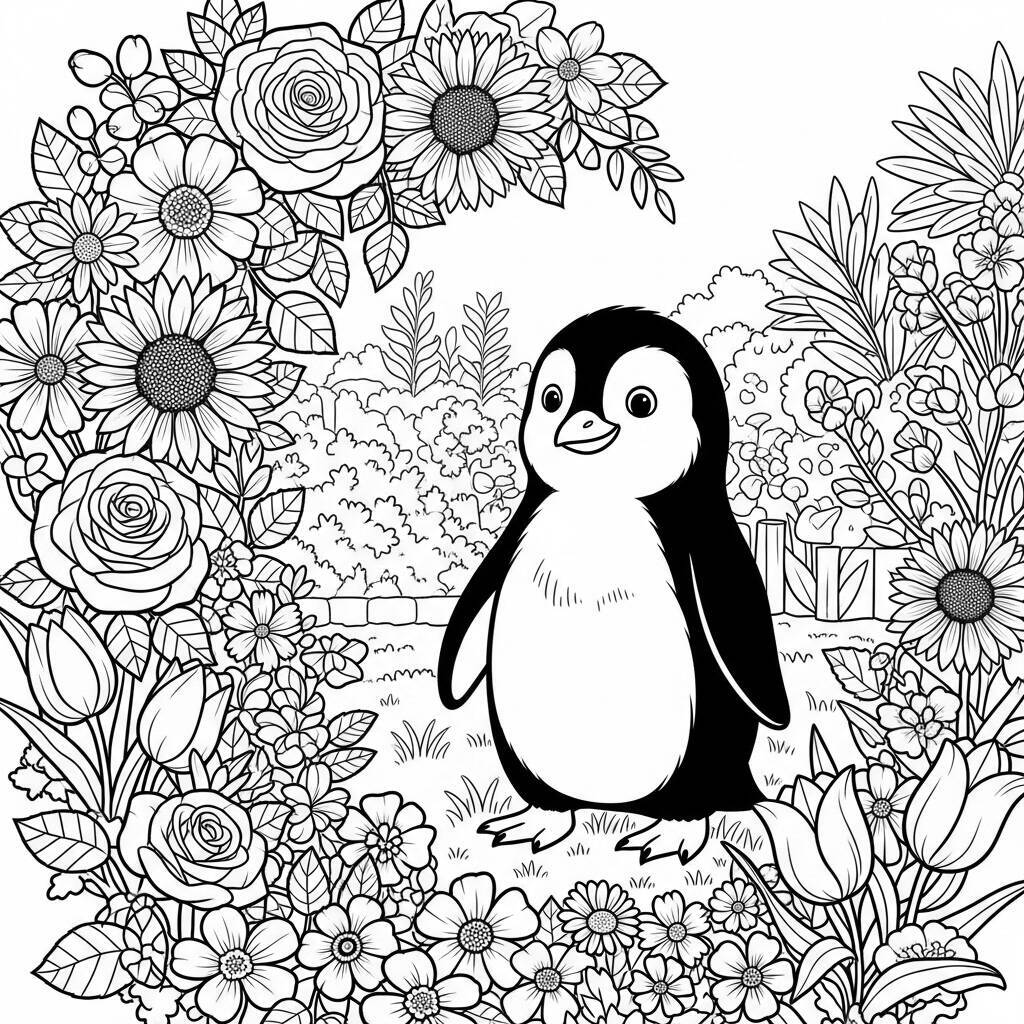 Penguin and Flowers Coloring Page