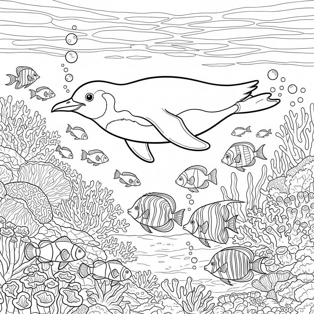 Desenho de Pinguim e Peixes para Colorir