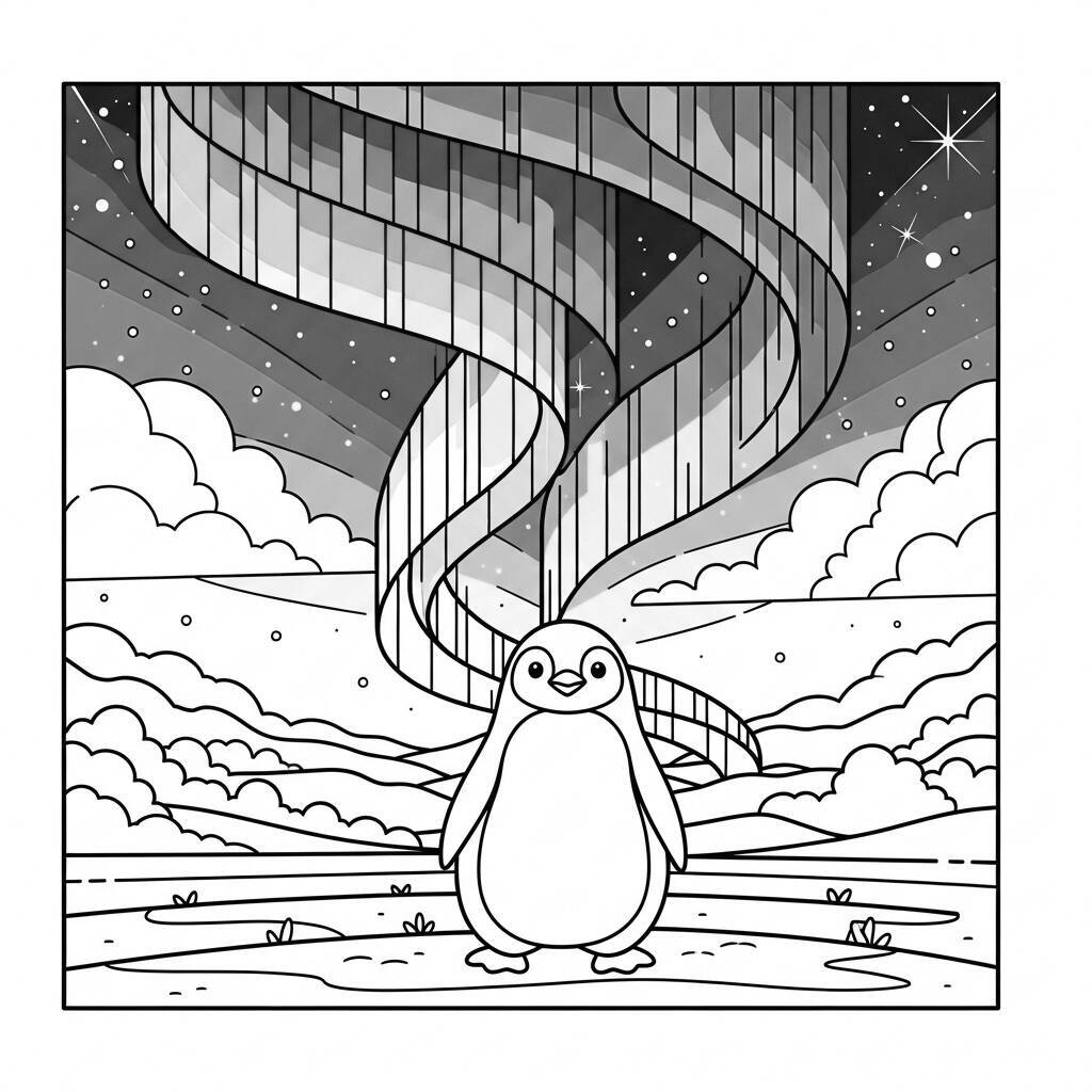 Penguin and the Northern Lights Coloring Page