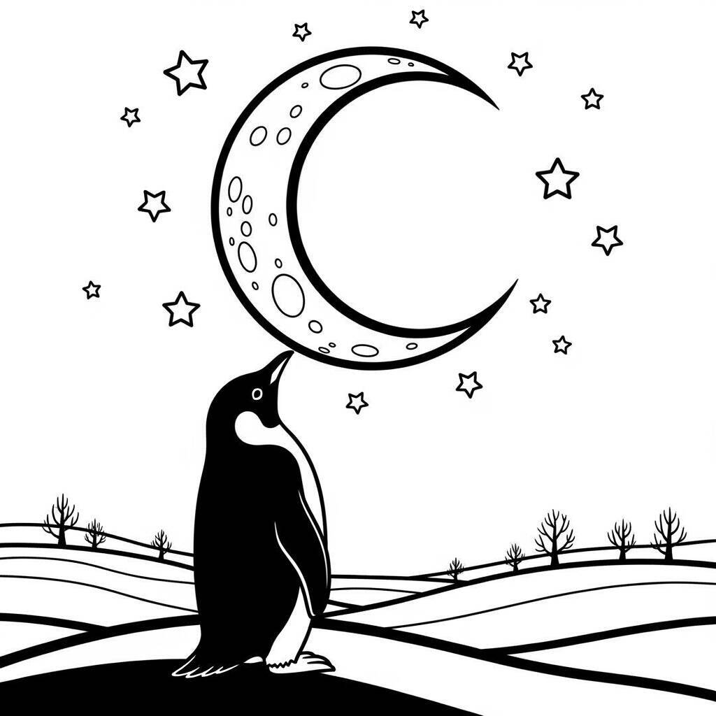 Penguin and the Moon Coloring Page