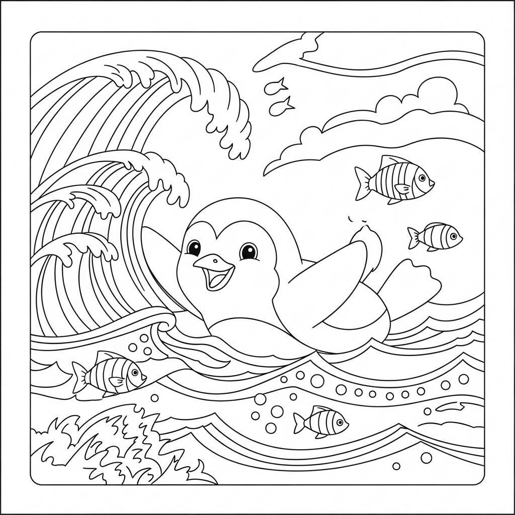 Penguin and the Ocean Coloring Page