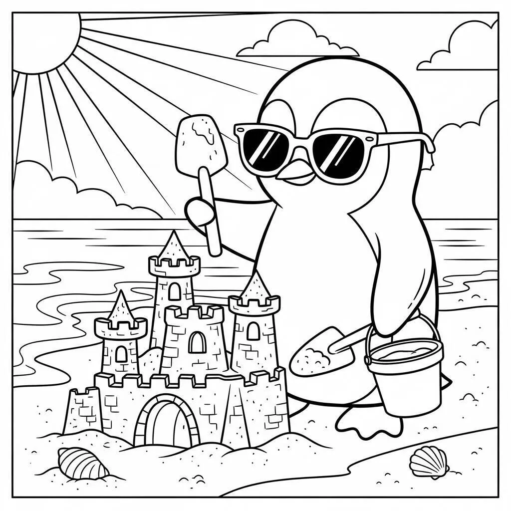 Desenho de Pinguim na Praia para Colorir