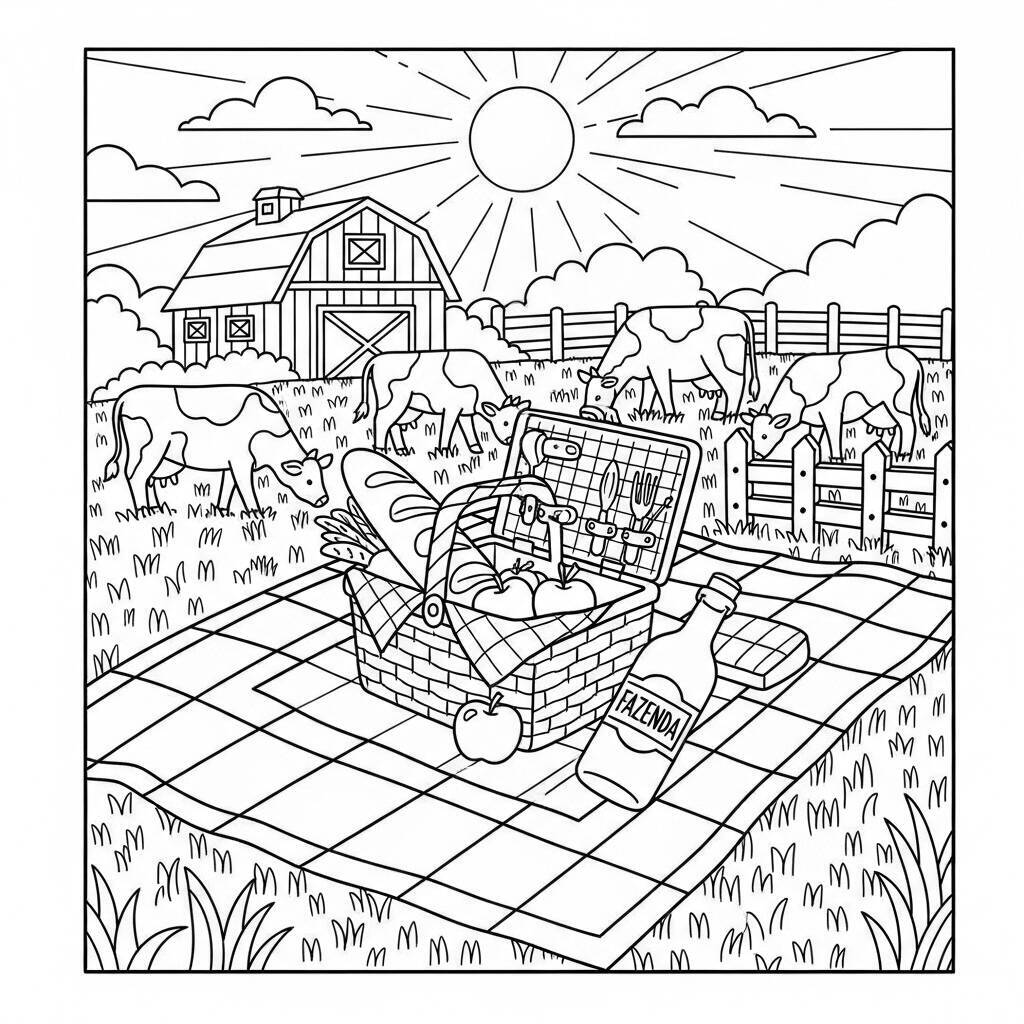 Desenho de Piquenique na Fazenda para Colorir