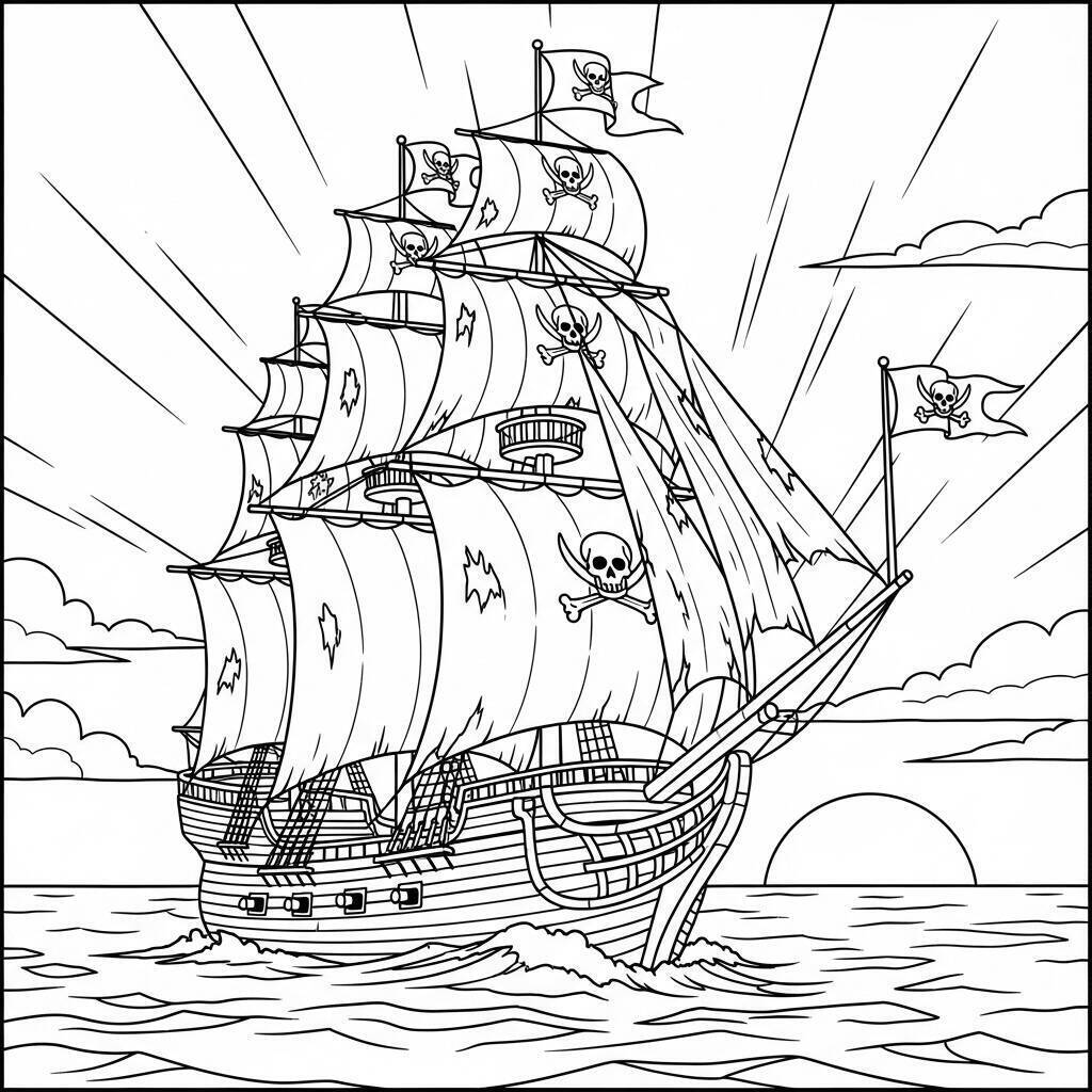 Malvorlage Pirat mit Schiff