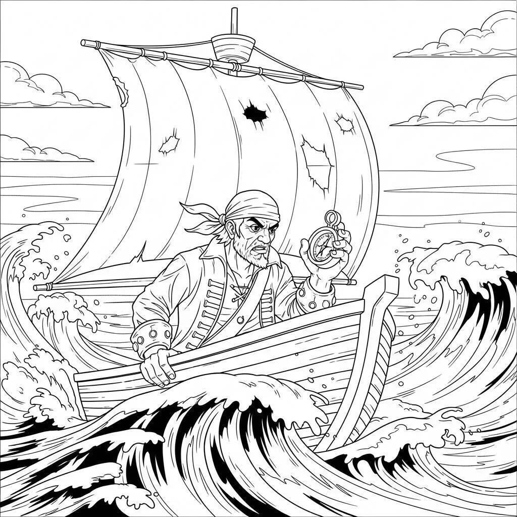 Desenho de Pirata e Aventura no Mar para Colorir