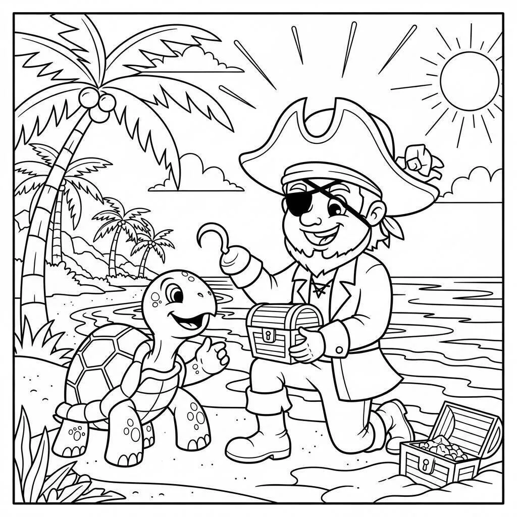 Desenho de Pirata e a Amiga Tartaruga para Colorir