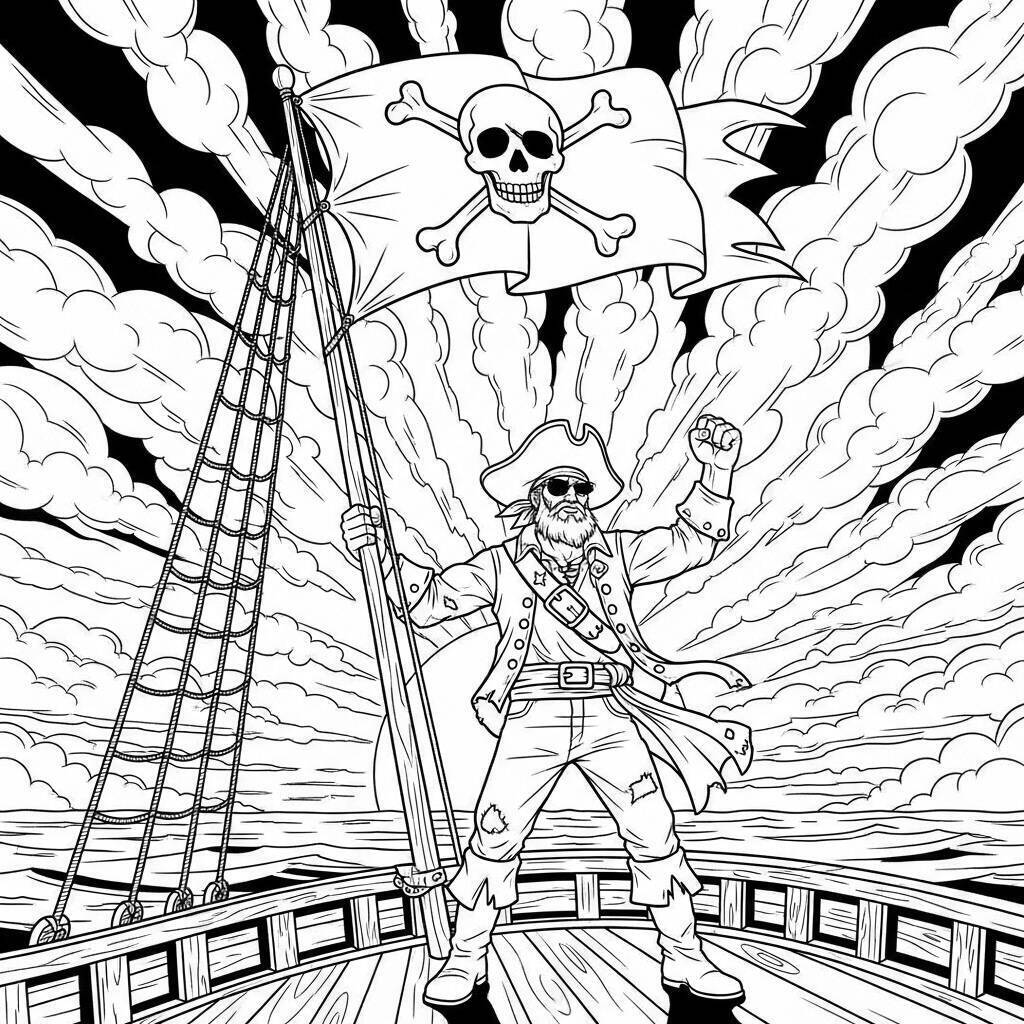 Malvorlage „Pirat und die Flagge von Jolly Roger“.