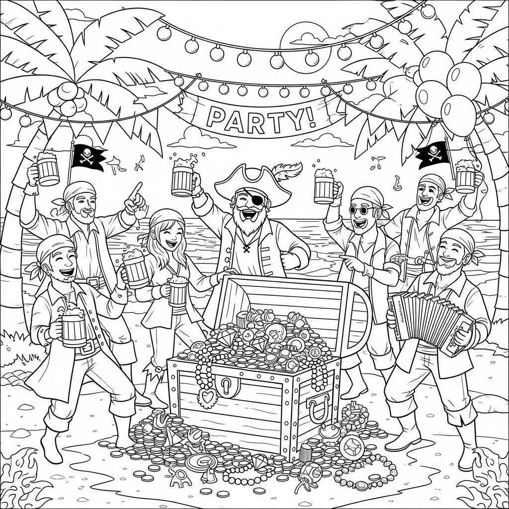 Malvorlage „Pirat und die Schatzparty“.