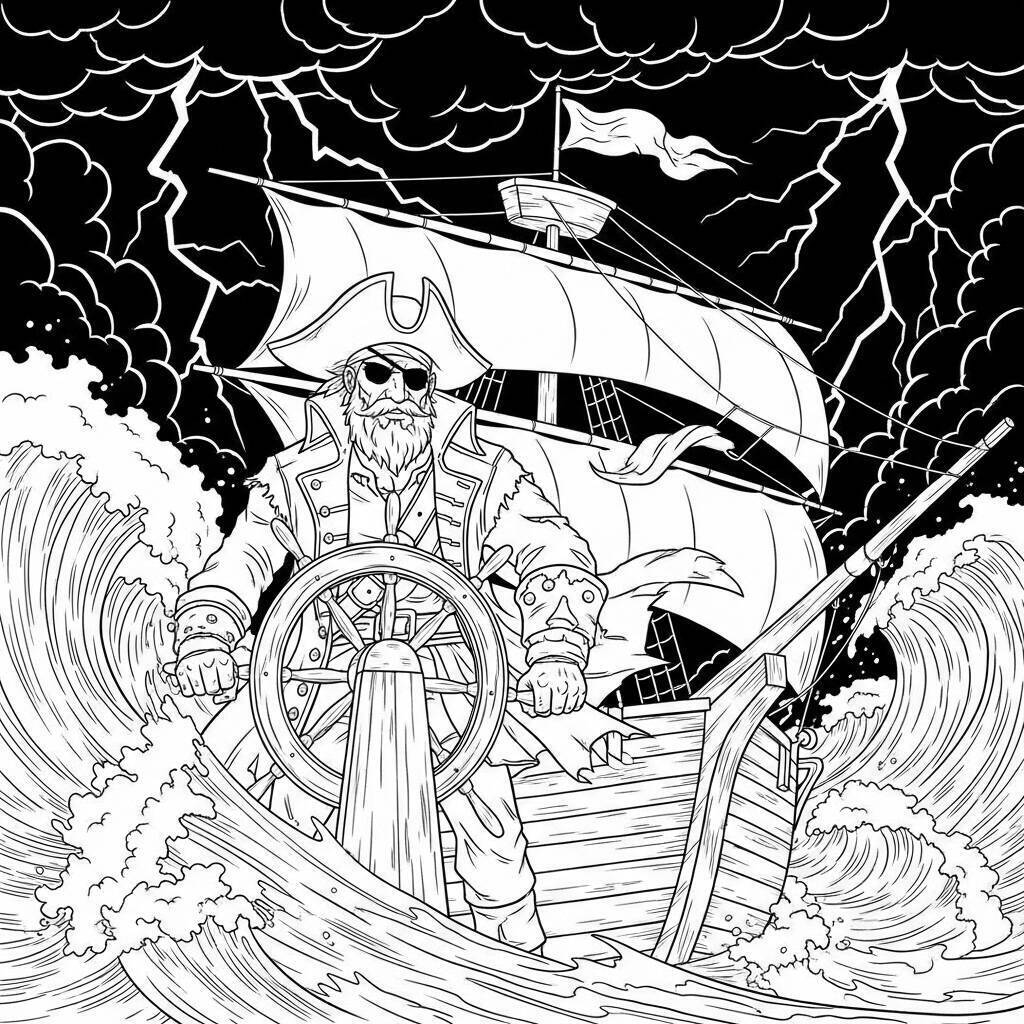 Ausmalbilder „Pirat und der Sturm“.