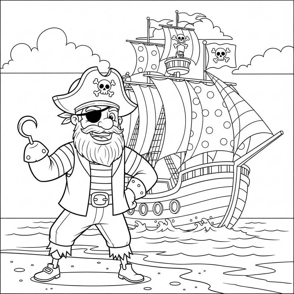 Ausmalbild: Pirat und sein Boot