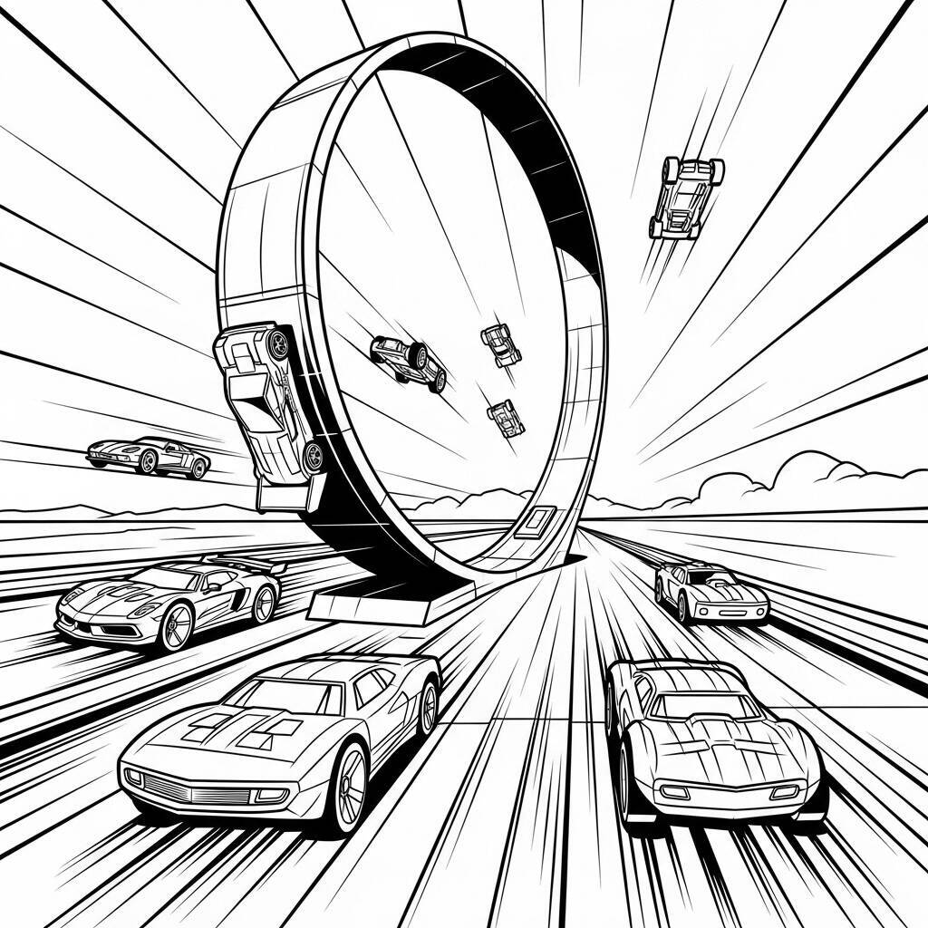 Desenho de Pista de Hot Wheels com Looping para Colorir