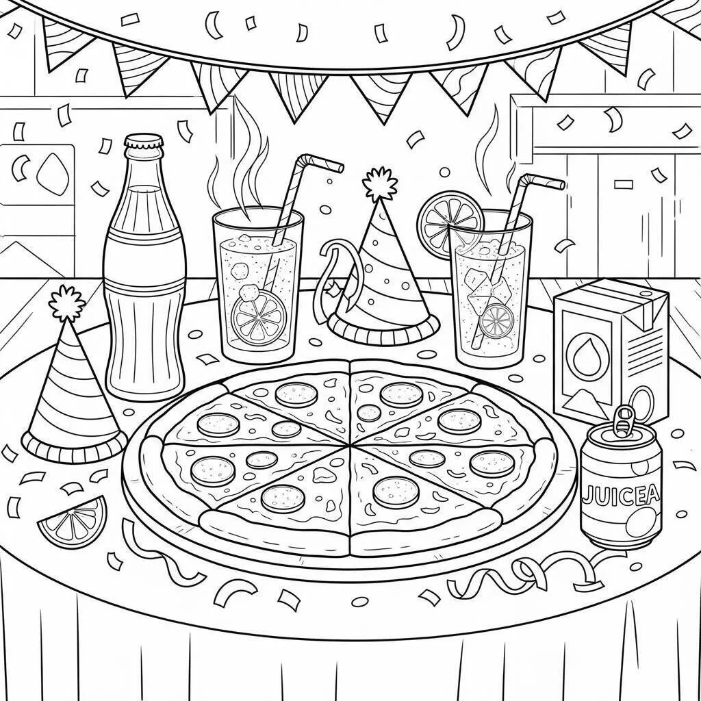 Desenho de Pizza e Bebidas para Colorir