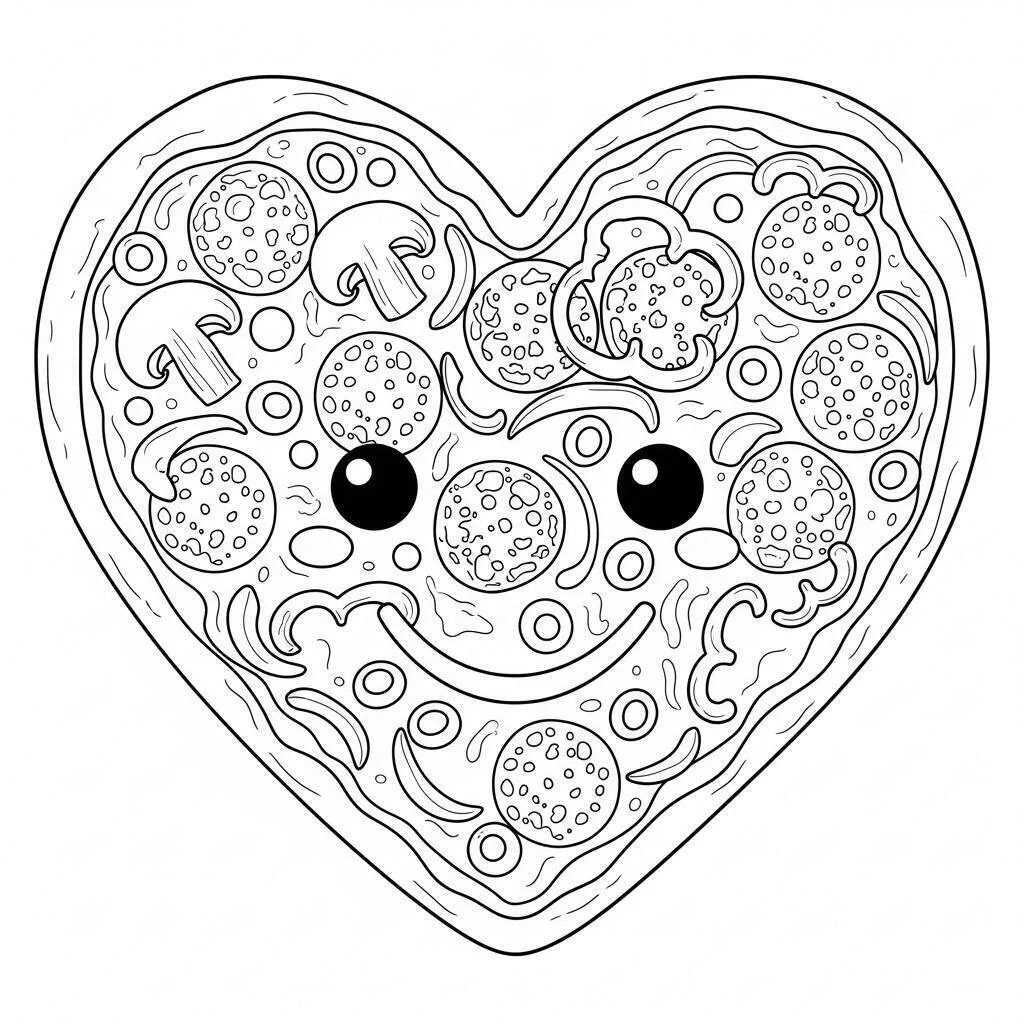 Desenho de Pizza em Forma de Coração para Colorir