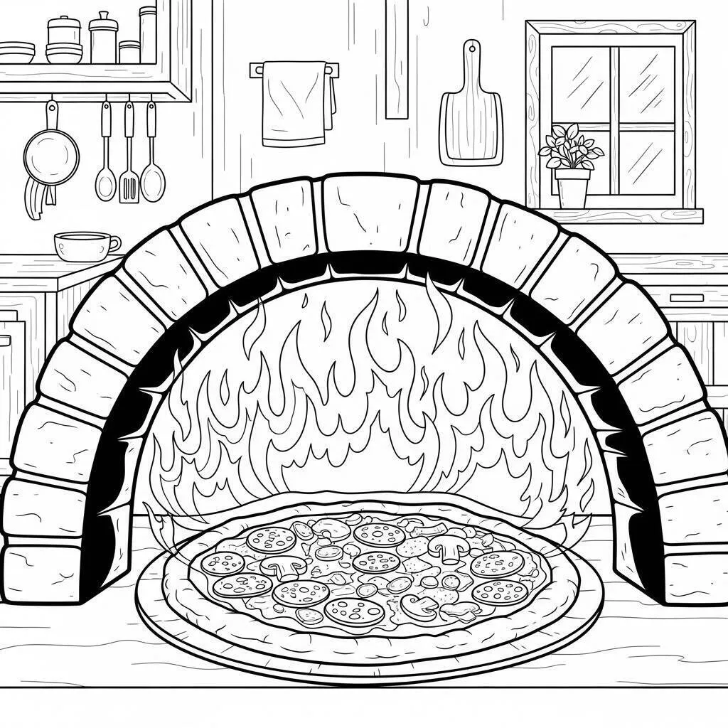 Desenho de Pizza no Forno para Colorir