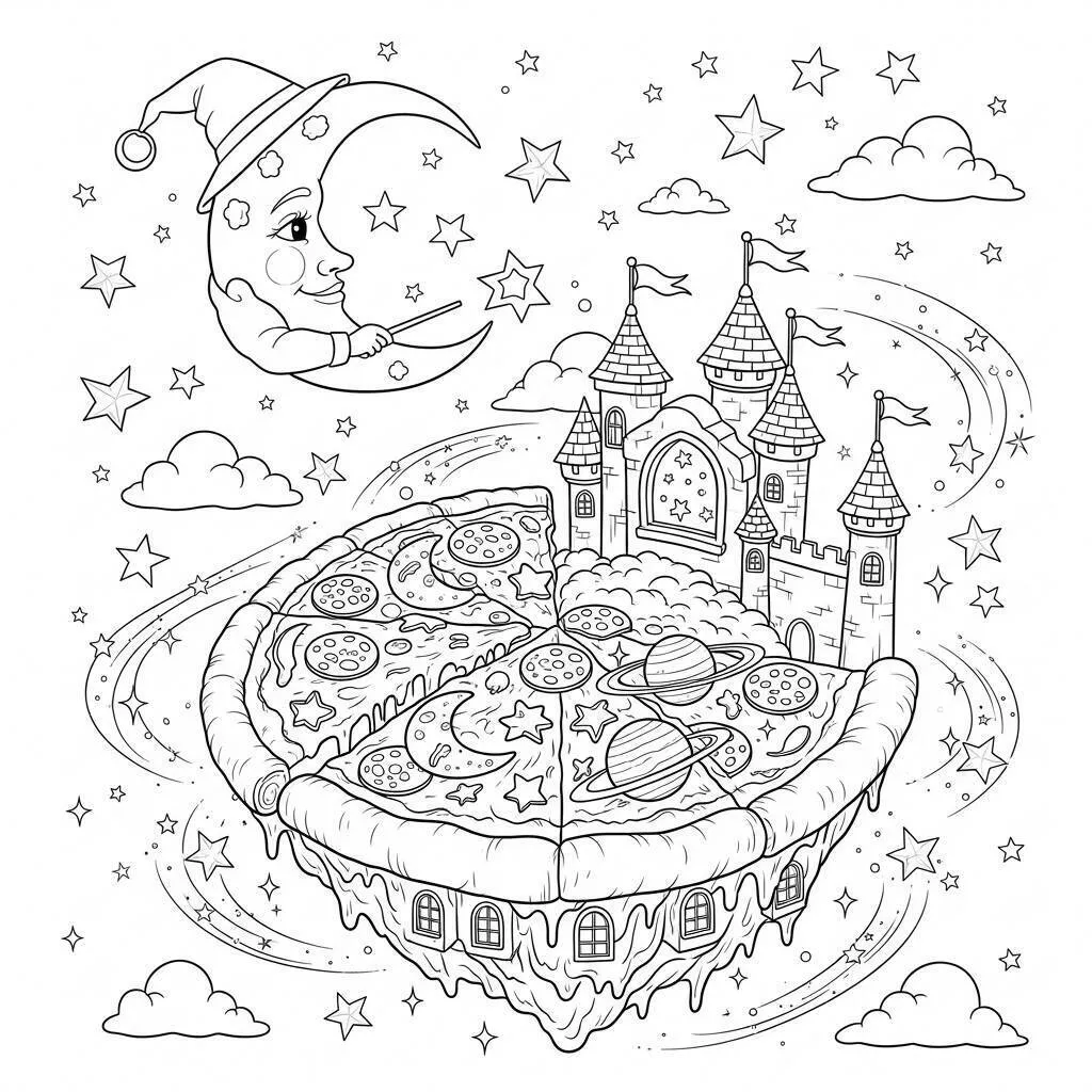 Desenho de Pizza para Colorir com Estrelas