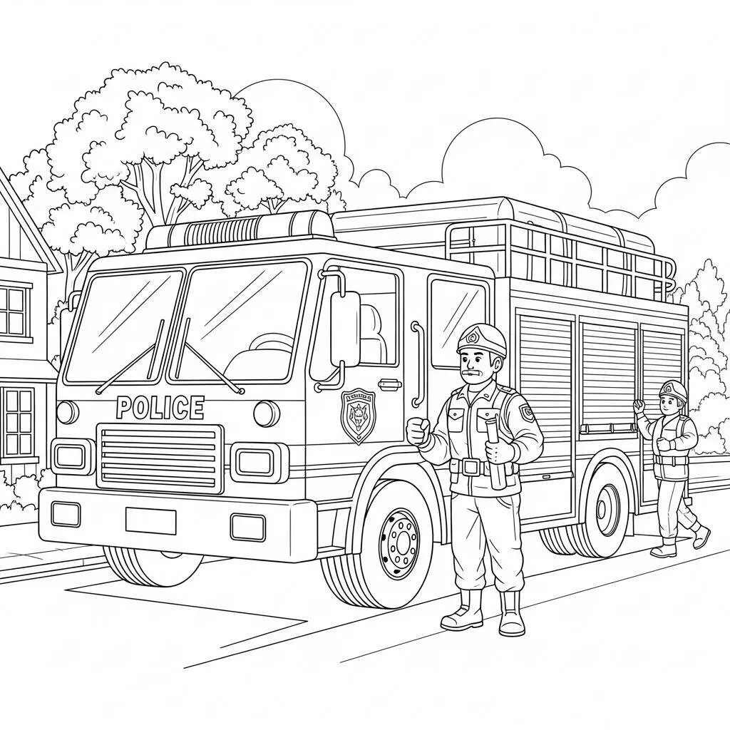 Desenho de Polícia e Carro de Bombeiros para Colorir