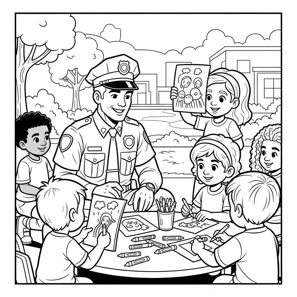 Desenho de Polícia e Crianças para Colorir