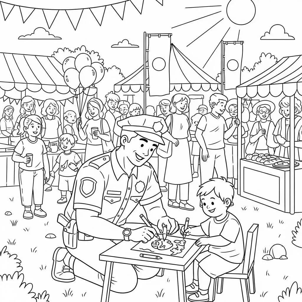Desenho de Polícia e Evento Comunitário para Colorir