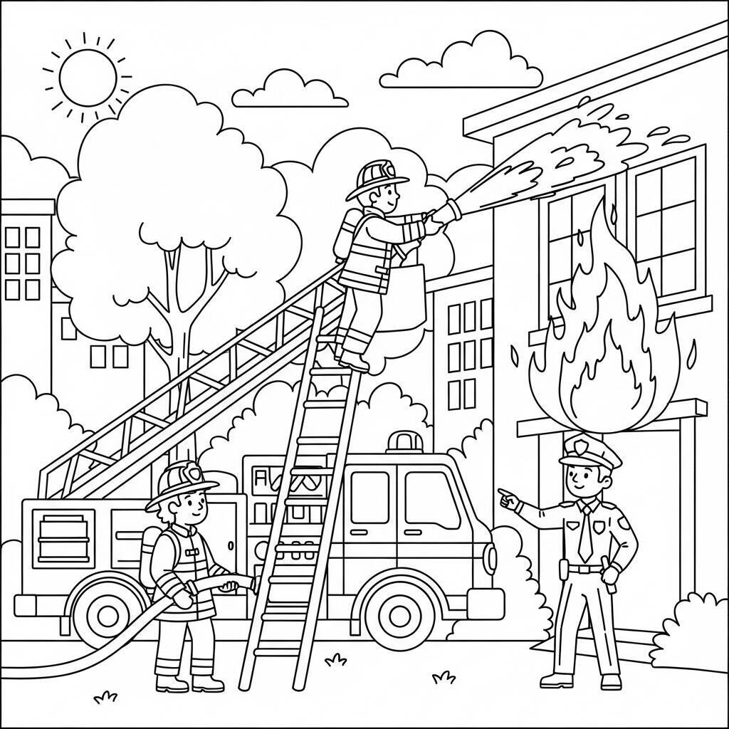 Desenho de Polícia e Fogo para Colorir