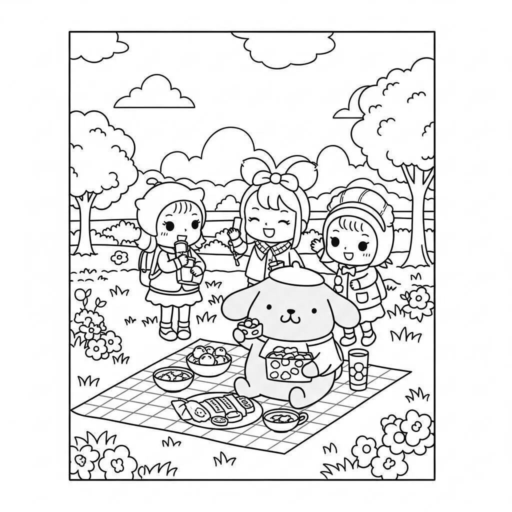 Desenho de Pompompurin em um Piquenique para Colorir