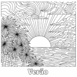 Desenho de Pôr do Sol na Praia para Colorir