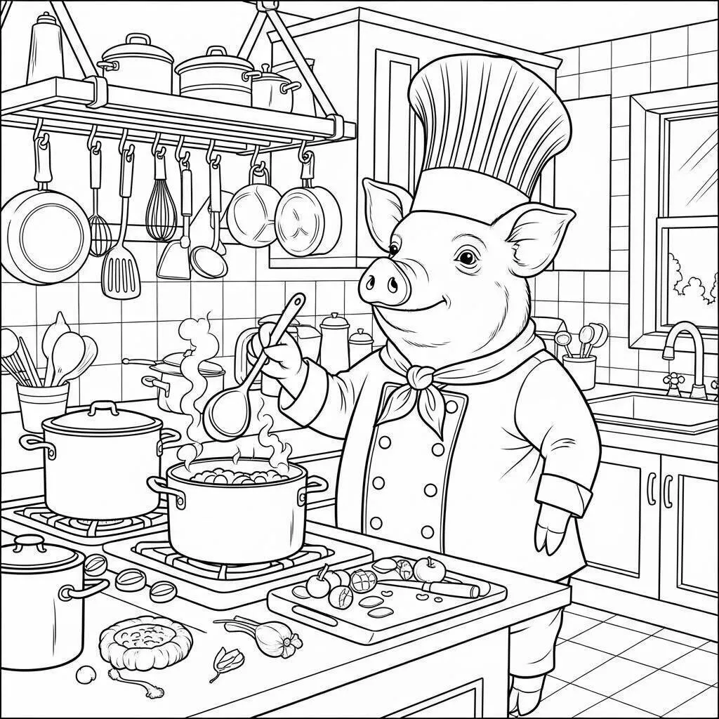 Desenho de Porco Chef Cozinhando para Colorir