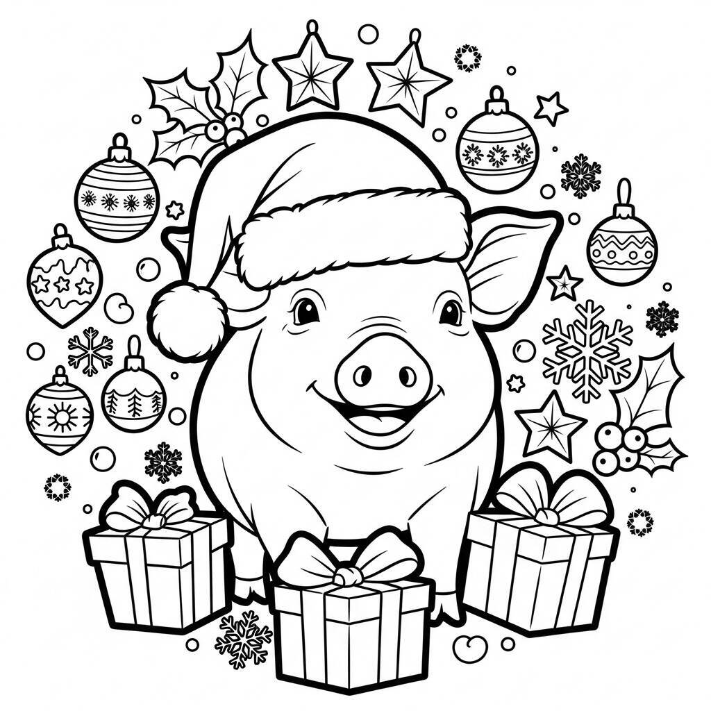 Desenho de Porco com Chapéu de Natal para Colorir