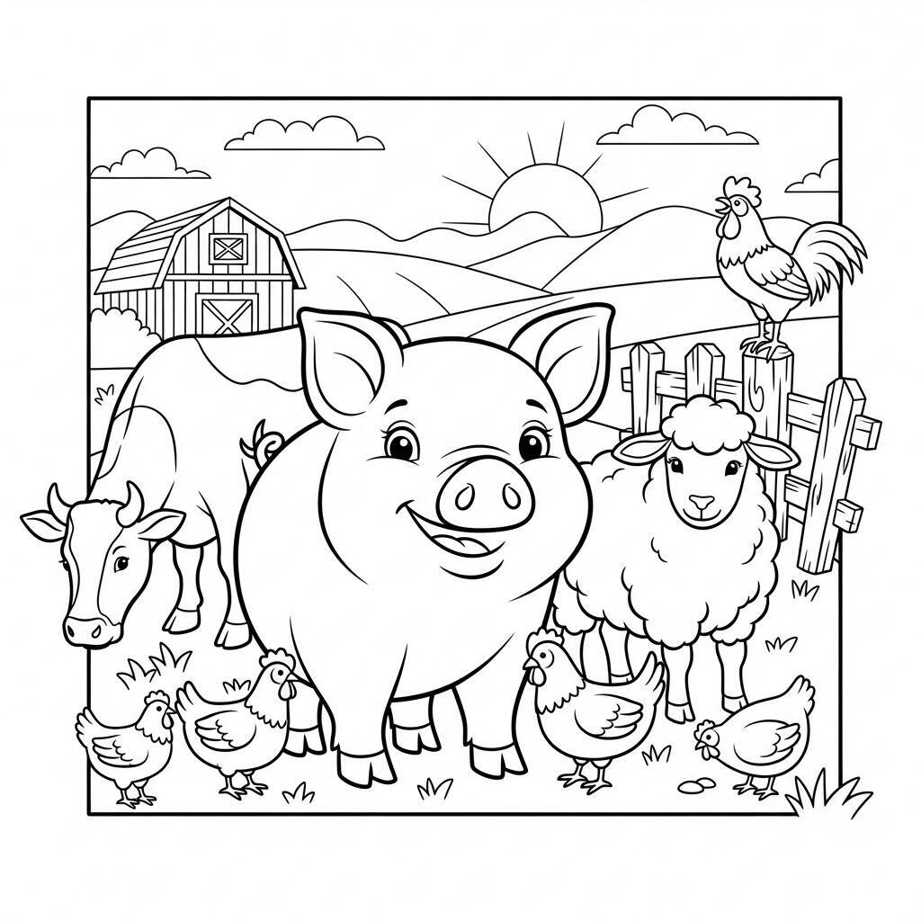 Desenho de Porco e Amigos Animais para Colorir