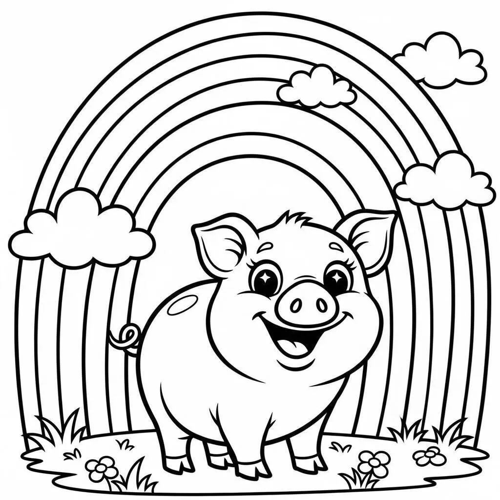 Desenho de Porco e Arco-íris para Colorir