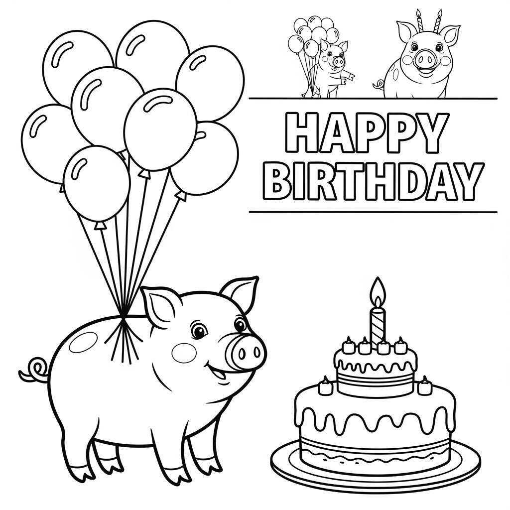 Desenho de Porco e Balões de Aniversário para Colorir
