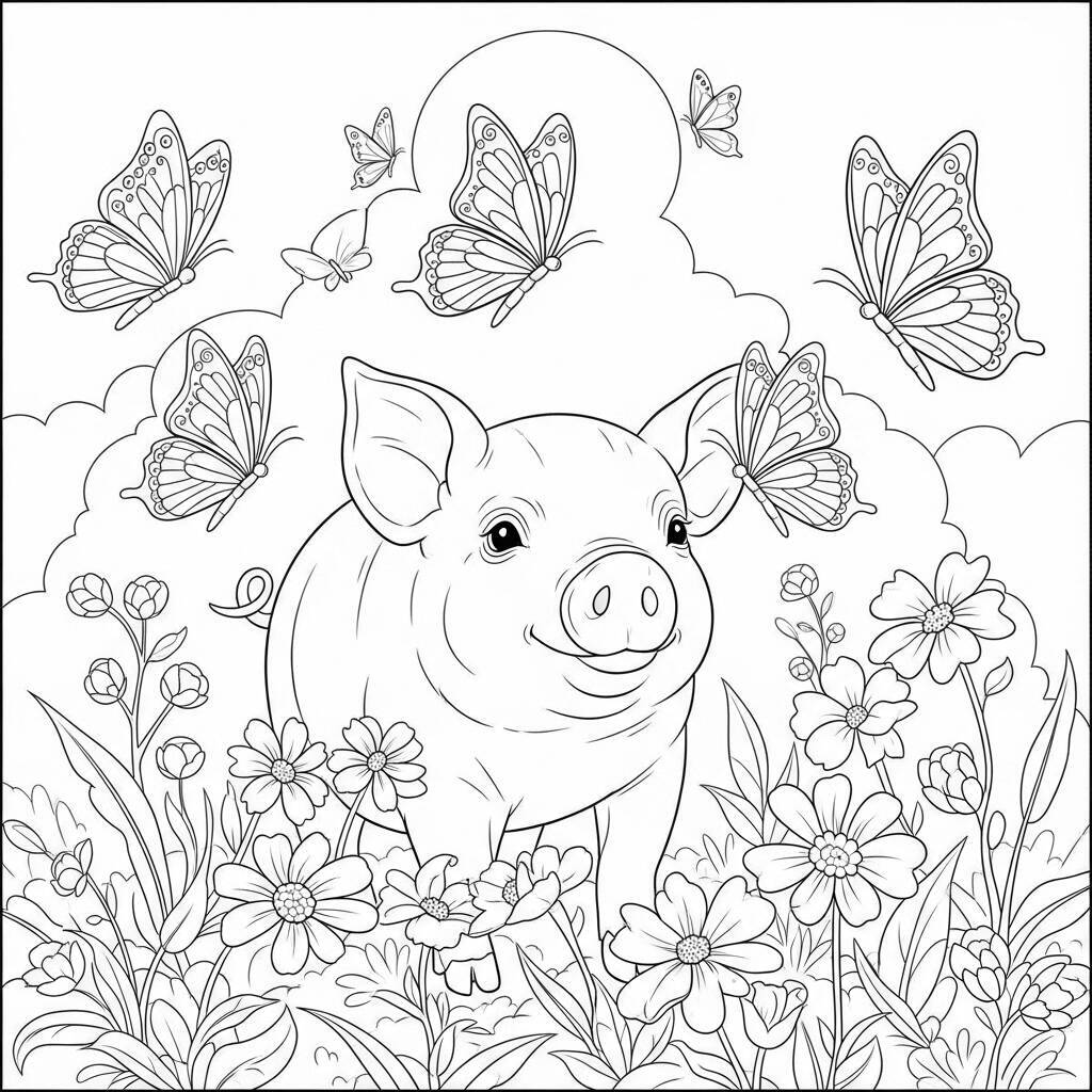 Desenho de Porco e Borboletas para Colorir