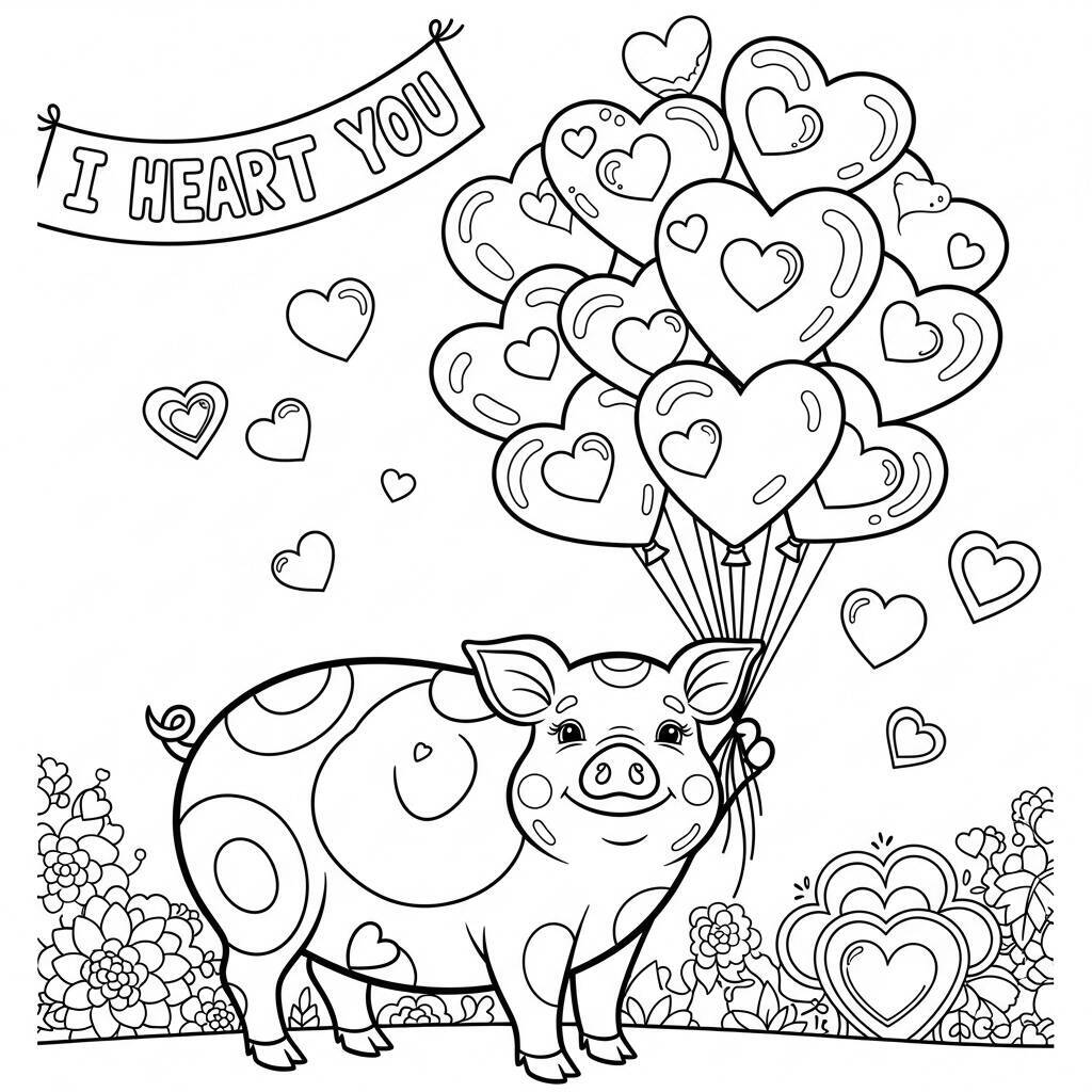 Desenho de Porco e Coração para Colorir