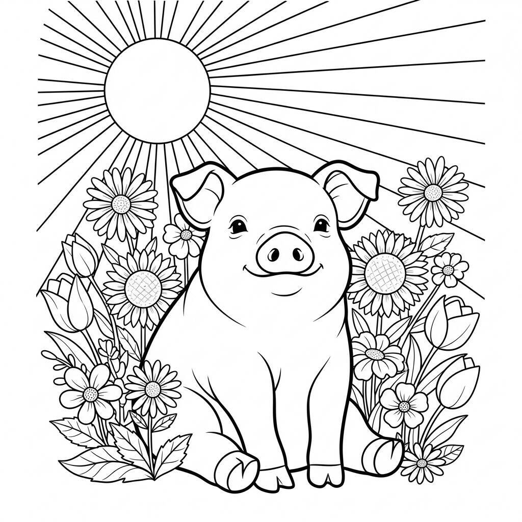 Desenho de Porco e Flores para Colorir