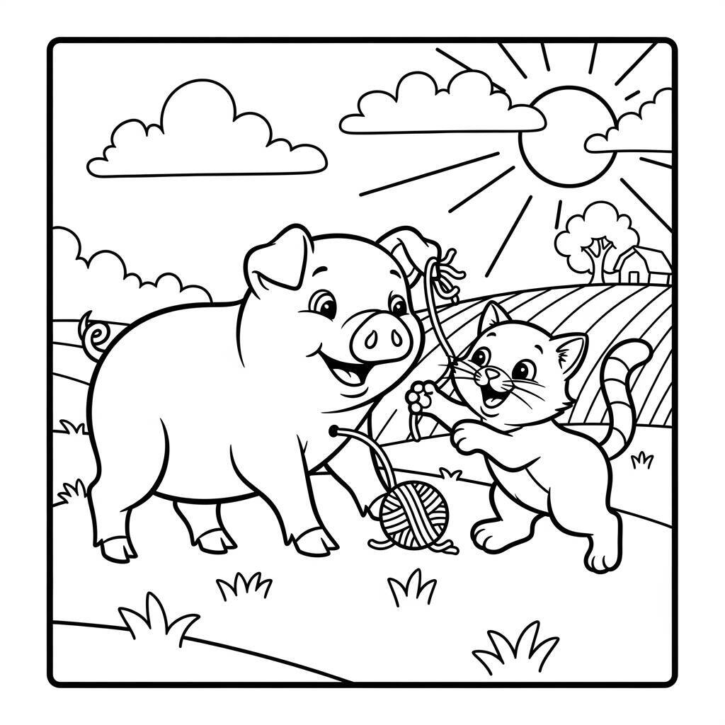 Desenho de Porco e Gato para Colorir