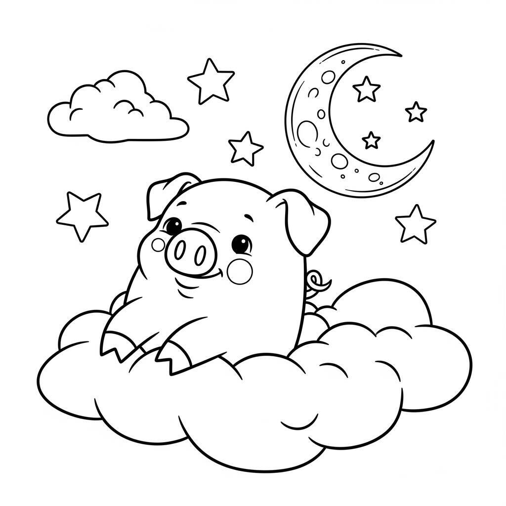 Desenho de Porco e Nuvens para Colorir