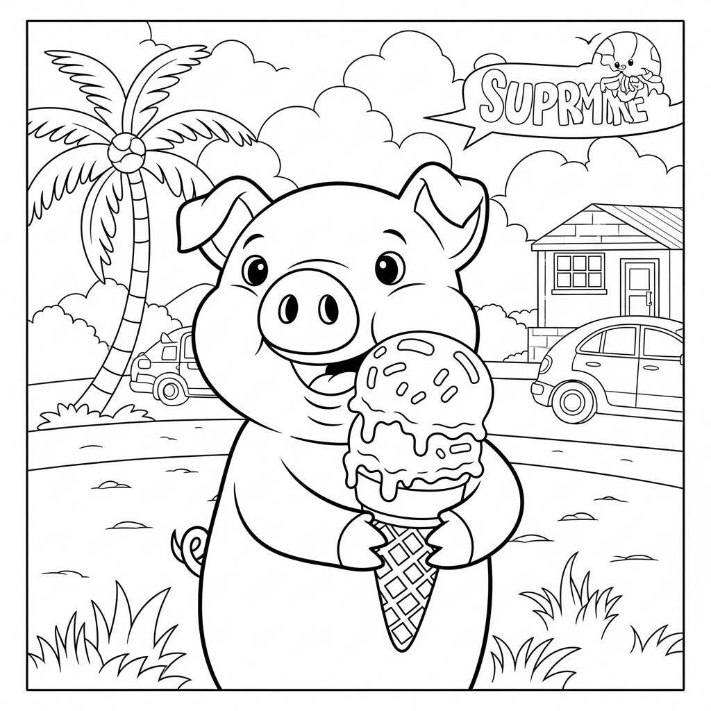 Desenho de Porco e Sorvete para Colorir