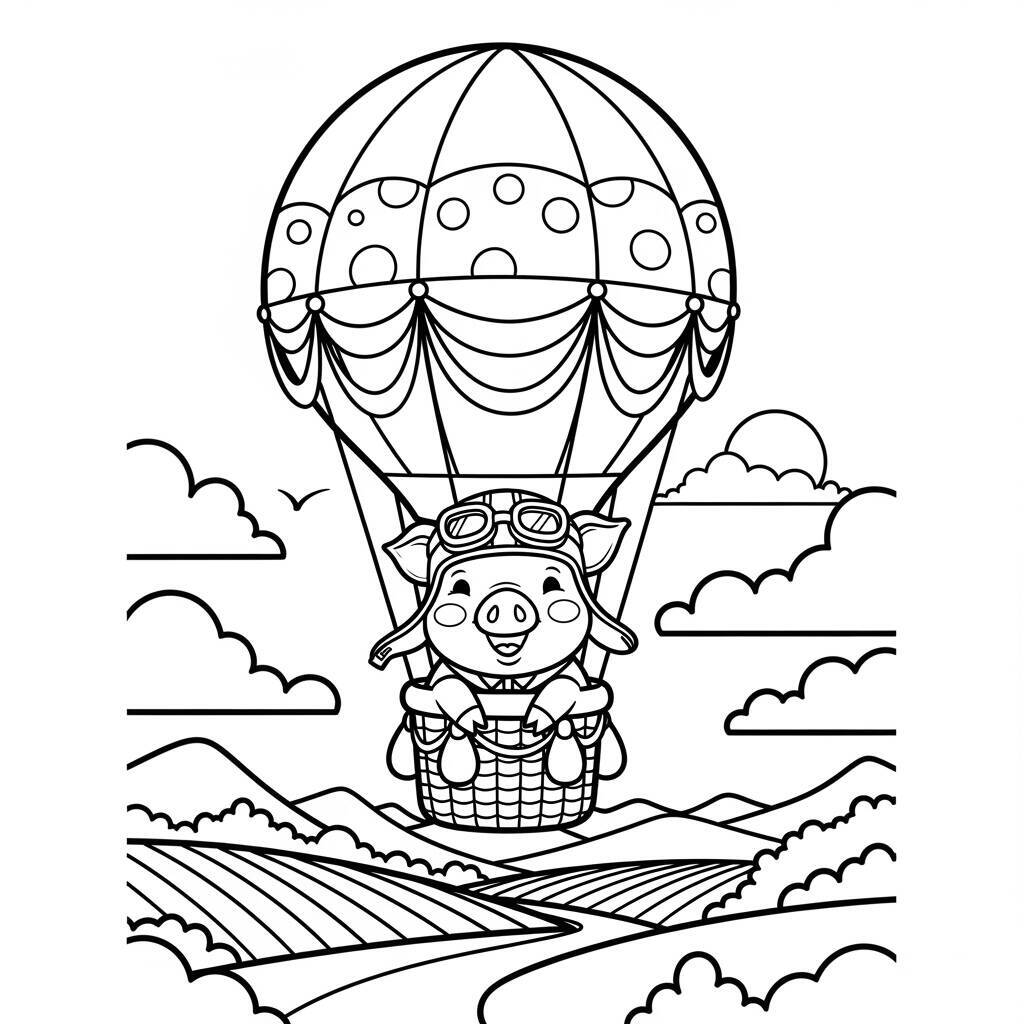 Desenho de Porco em um Balão de Ar Quente para Colorir