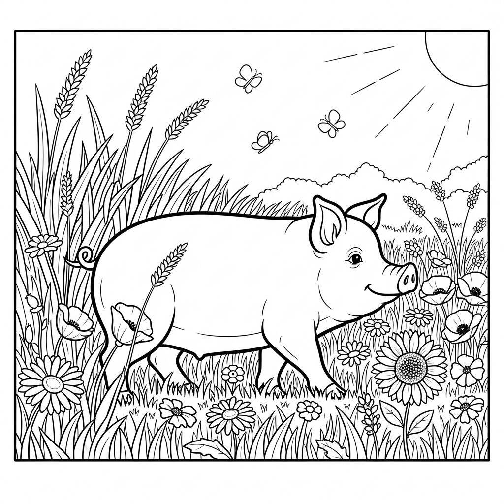 Desenho de Porco em um Campo para Colorir
