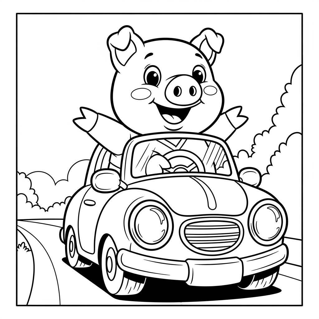 Desenho de Porco em um Carro para Colorir