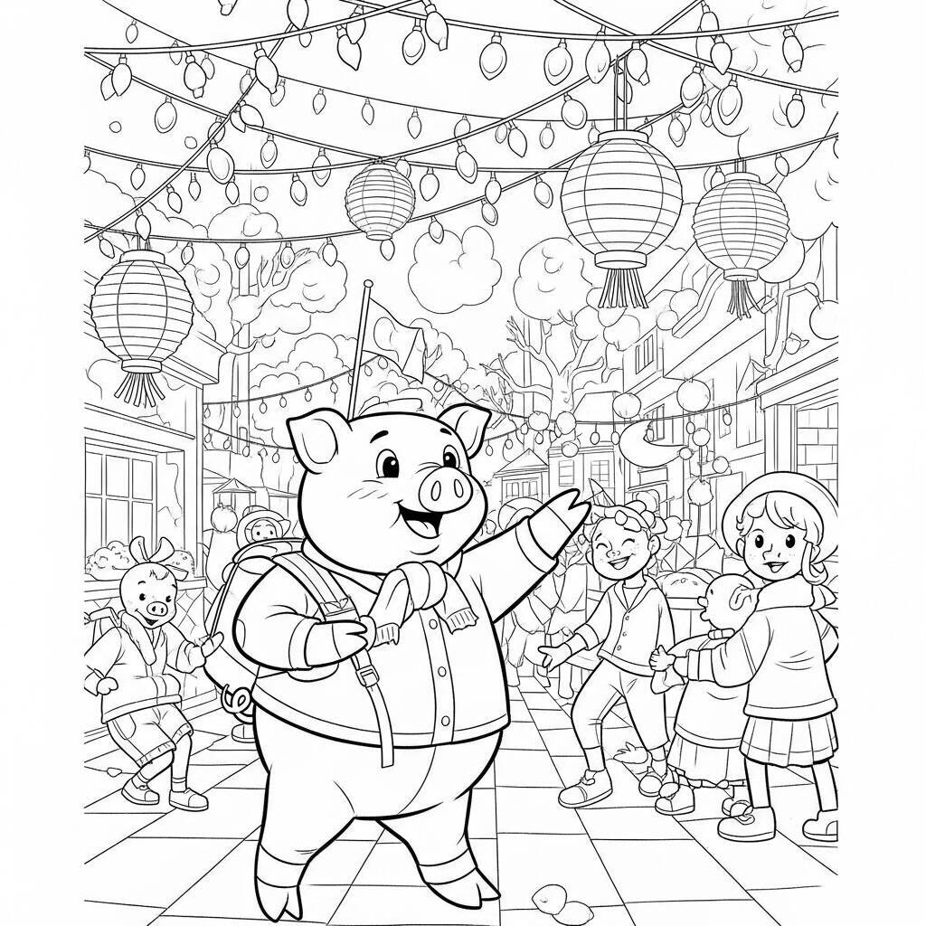 Desenho de Porco em um Festival para Colorir