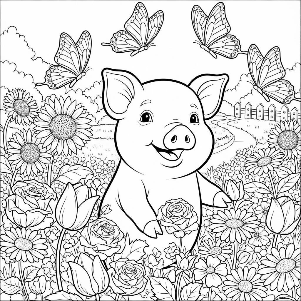 Desenho de Porco em um Jardim para Colorir