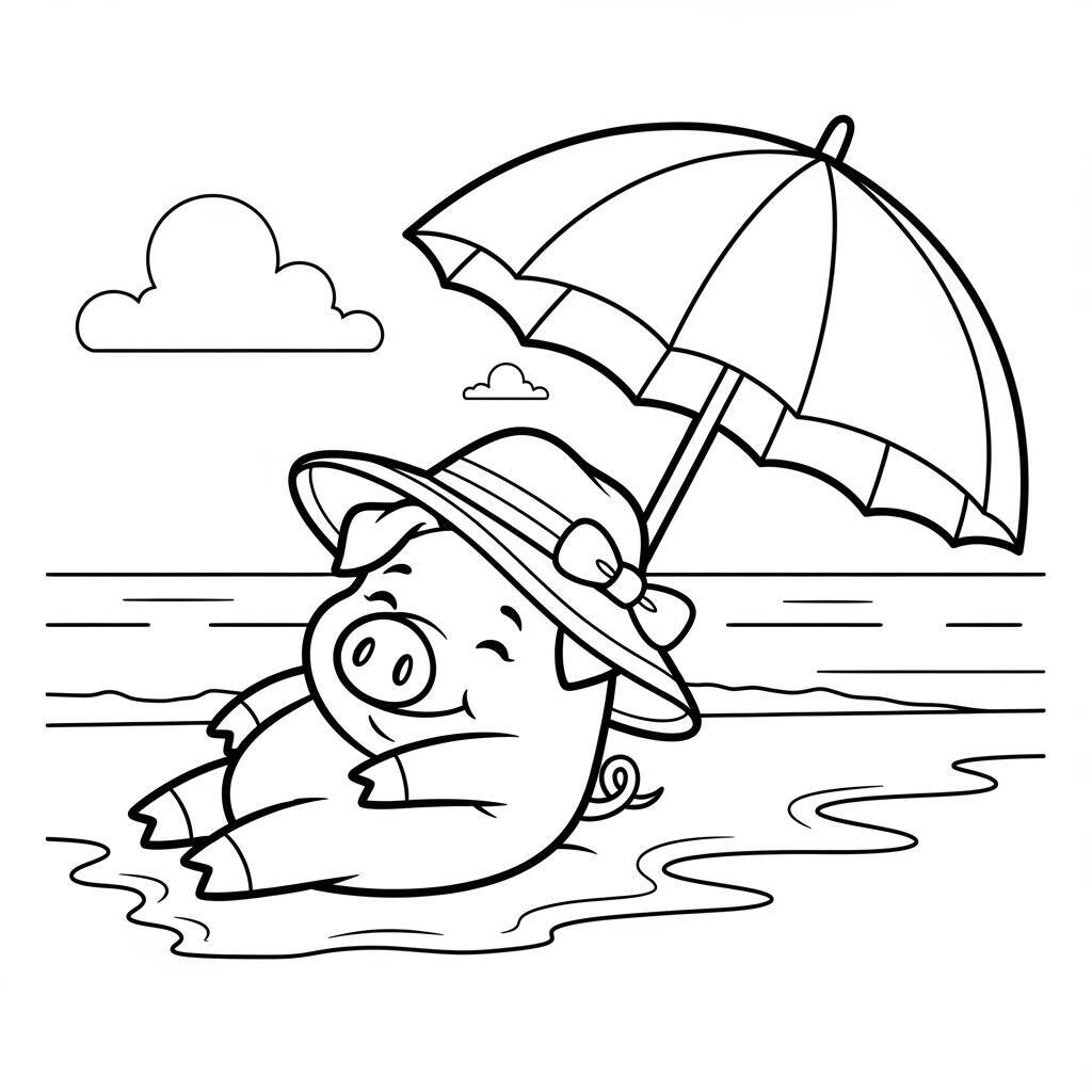 Desenho de Porco na Praia para Colorir