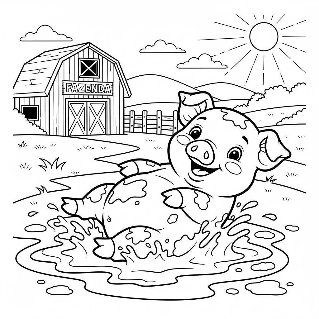 Desenho de Porquinho na Fazenda para Colorir