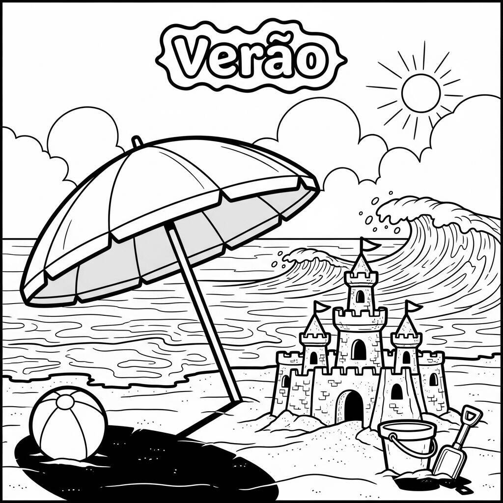 Desenho de Praia com Guarda-sol para Colorir