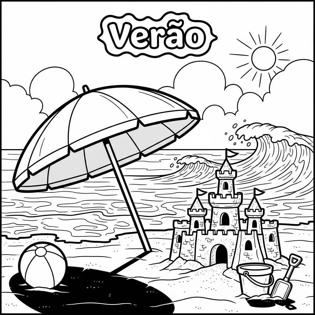 Desenho de Praia com Guarda-sol para Colorir