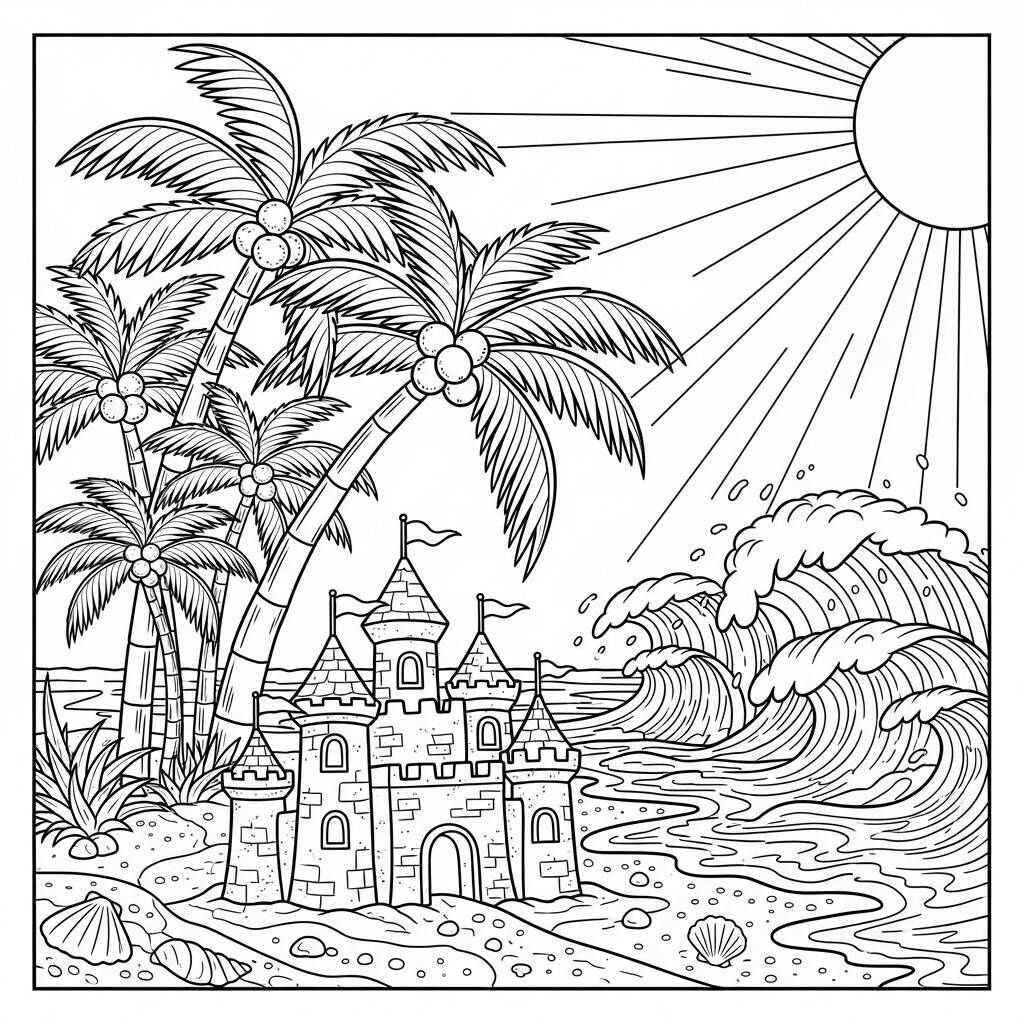 Coloriage plage avec soleil et mots