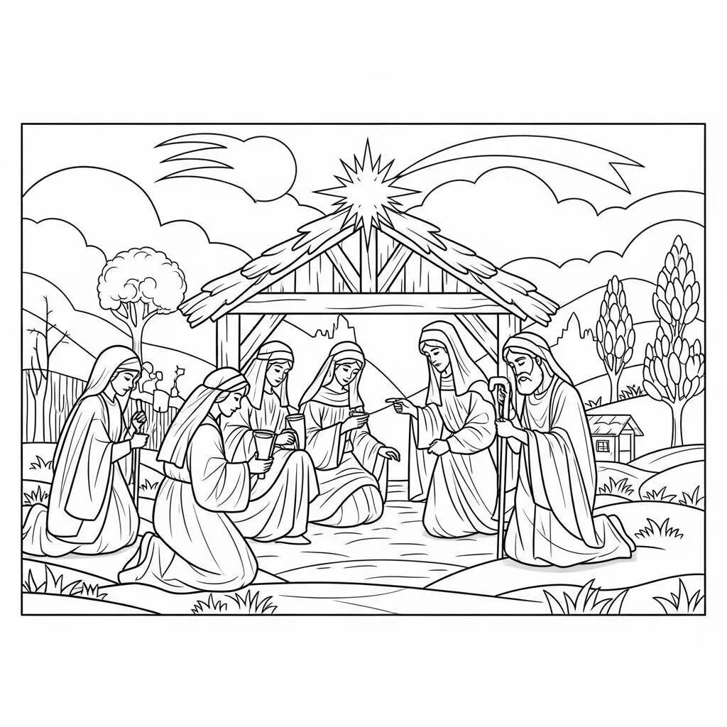Desenho de Presépio Tradicional para Colorir