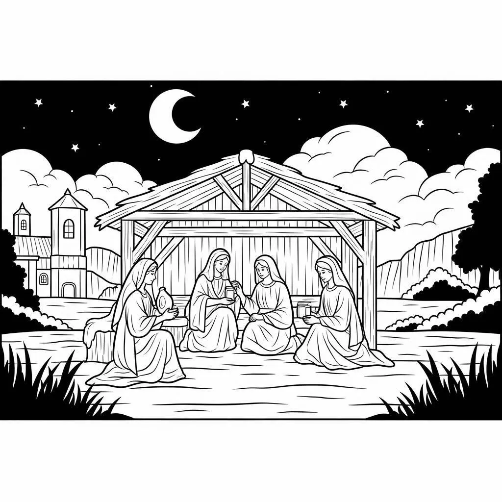 Desenho de Presépio com Cenas da Noite para Colorir